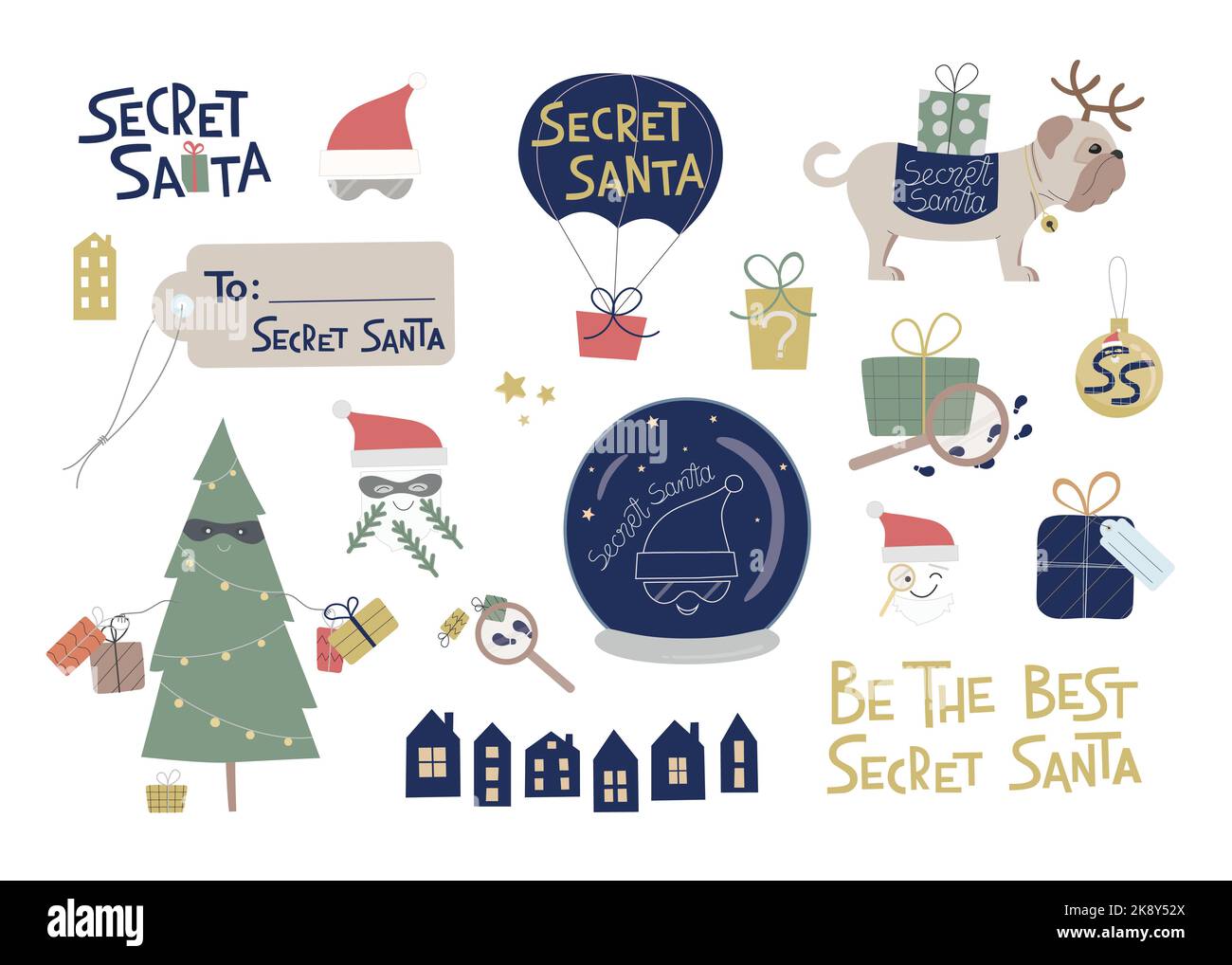 Ensemble d'illustrations vectorielles Secret Santa. Éléments pour inviter à l'événement, entreprise, fête, étiquette cadeau, message. Lettrage pour carte, bannière, Web Illustration de Vecteur