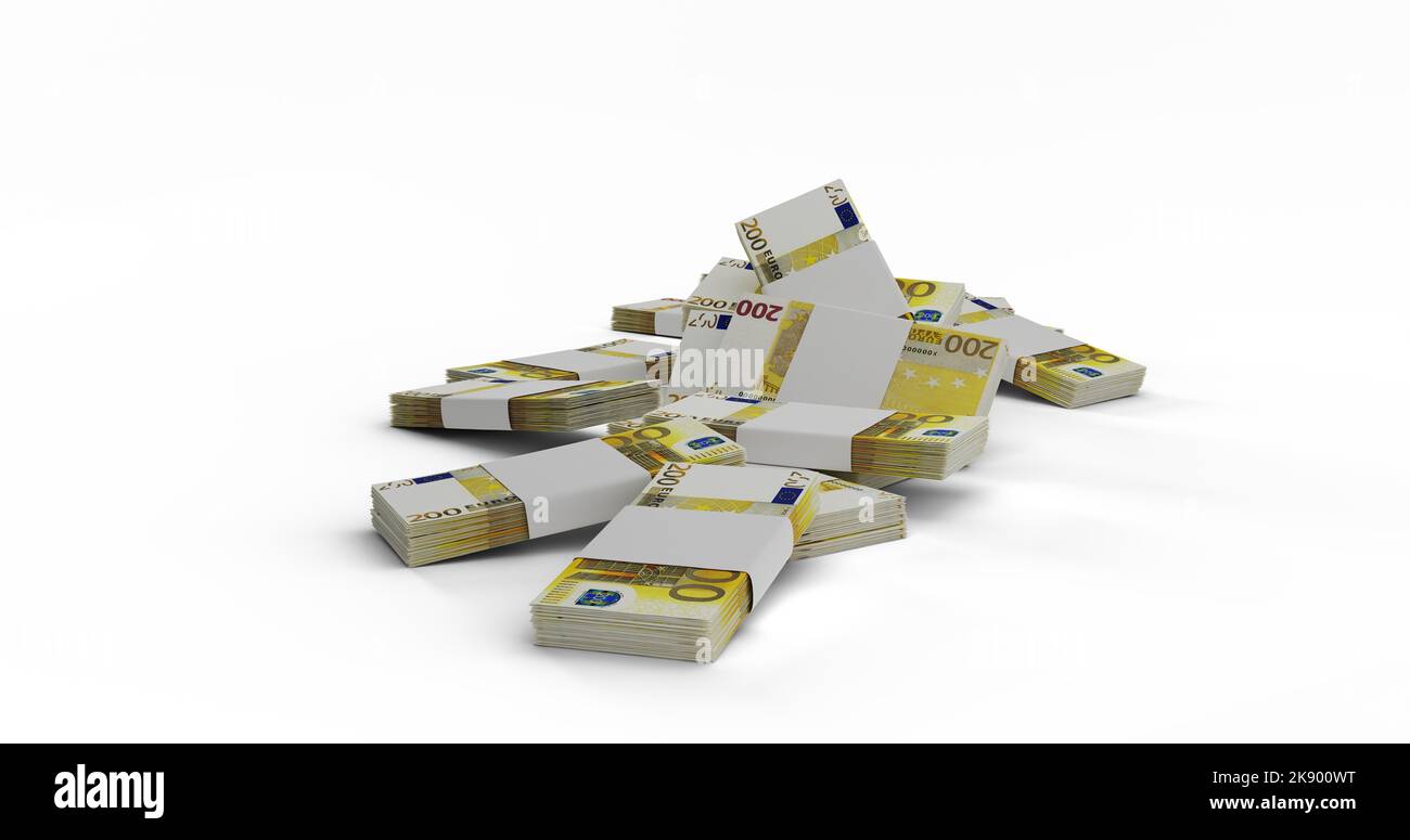 Un rendu en 3D de paquets de 200 euros isolés sur un fond blanc vide Banque D'Images