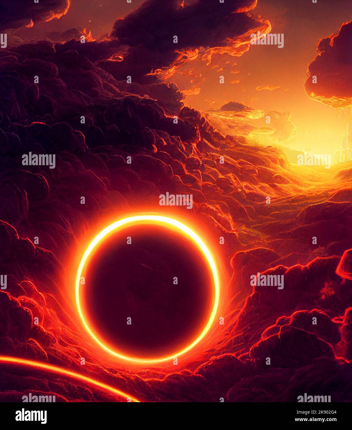 Illustration numérique abstraite d'un portail orange lumineux dans un  paysage de nuages lumineux Photo Stock - Alamy