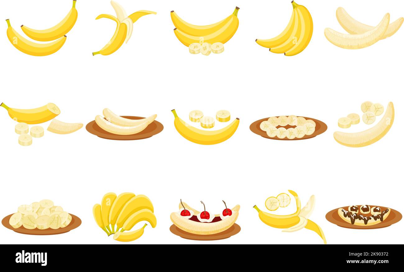 Les icônes de banane définissent un vecteur de dessin animé. Peau de singe. Fruits mûrs Illustration de Vecteur