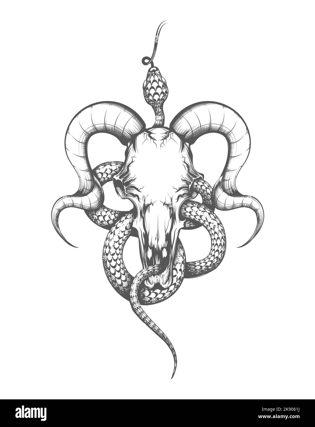 Tatouage du crâne de chèvre et du serpent dessiné en style gravure. Illustration vectorielle isolée sur blanc. Illustration de Vecteur