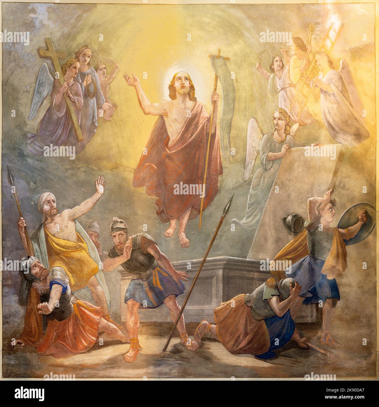 ANNECY, FRANCE - 11 JUILLET 2022 : la fresque de la Résurrection dans l'église notre Dame de Lellis à partir de 20. Cent. Banque D'Images