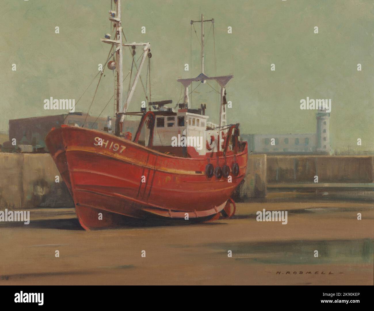 Scarborough bateau de pêche SH197, peinture à l'huile d'un chalutier/dragueur bateau de pêche dans le port de South Bay par l'artiste local Herbert Rodmell (1913-1994), qui Banque D'Images