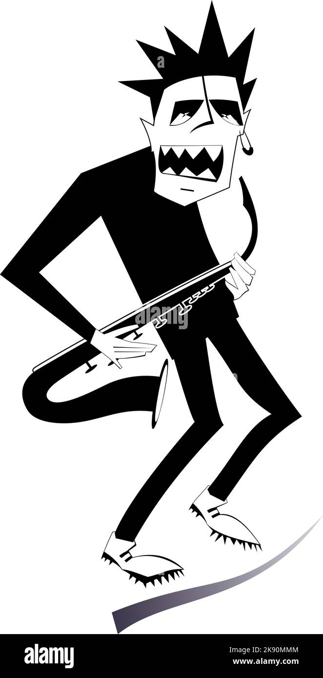 Illustration saxophoniste de dessin animé. Saxophoniste expressif joue de la musique avec la grande inspiration noir sur blanc illustration Illustration de Vecteur