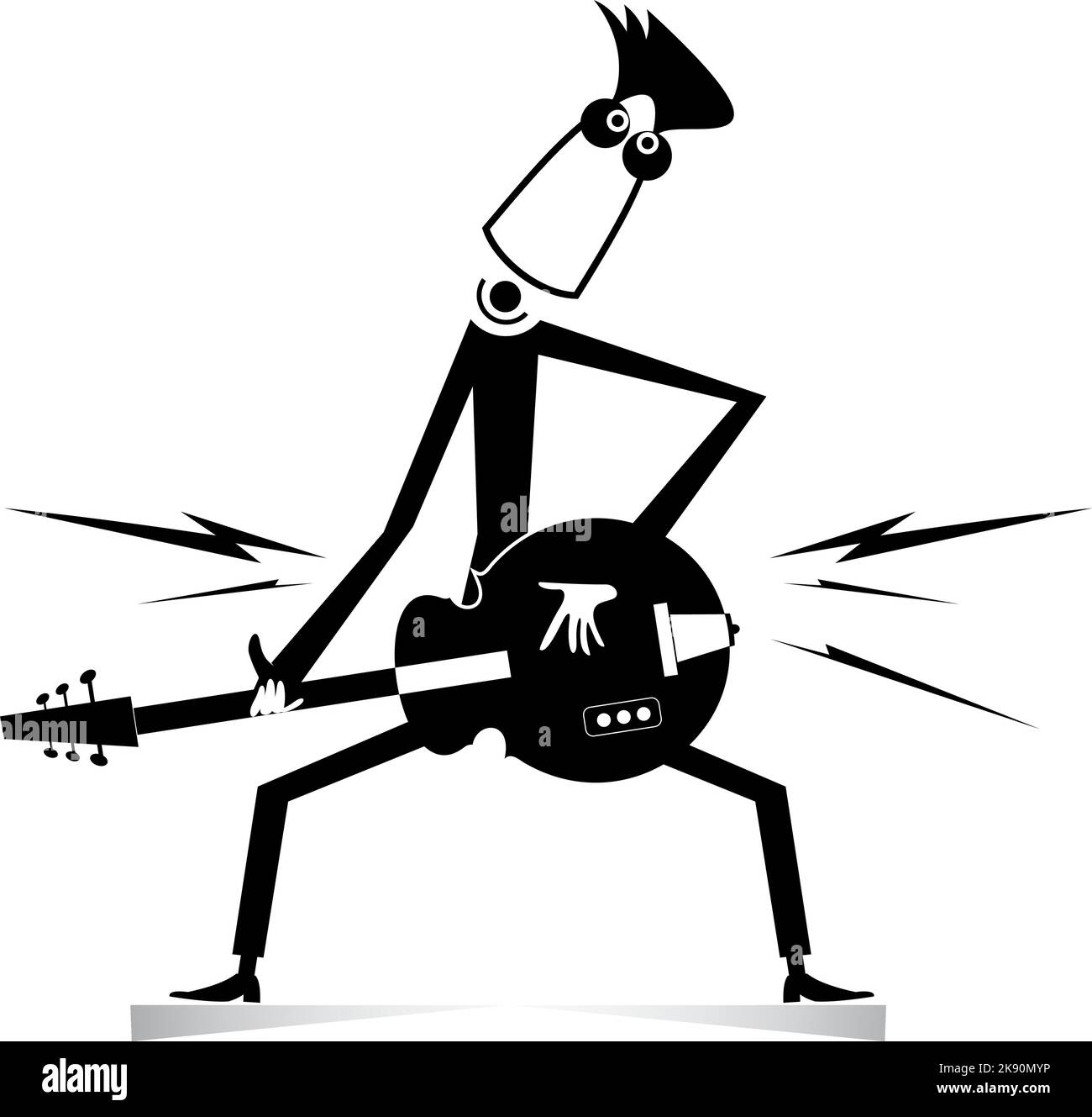 Illustration isolée de guitariste de dessin animé. Le guitariste expressif joue de la musique et chante avec la grande inspiration noir sur blanc Illustration de Vecteur