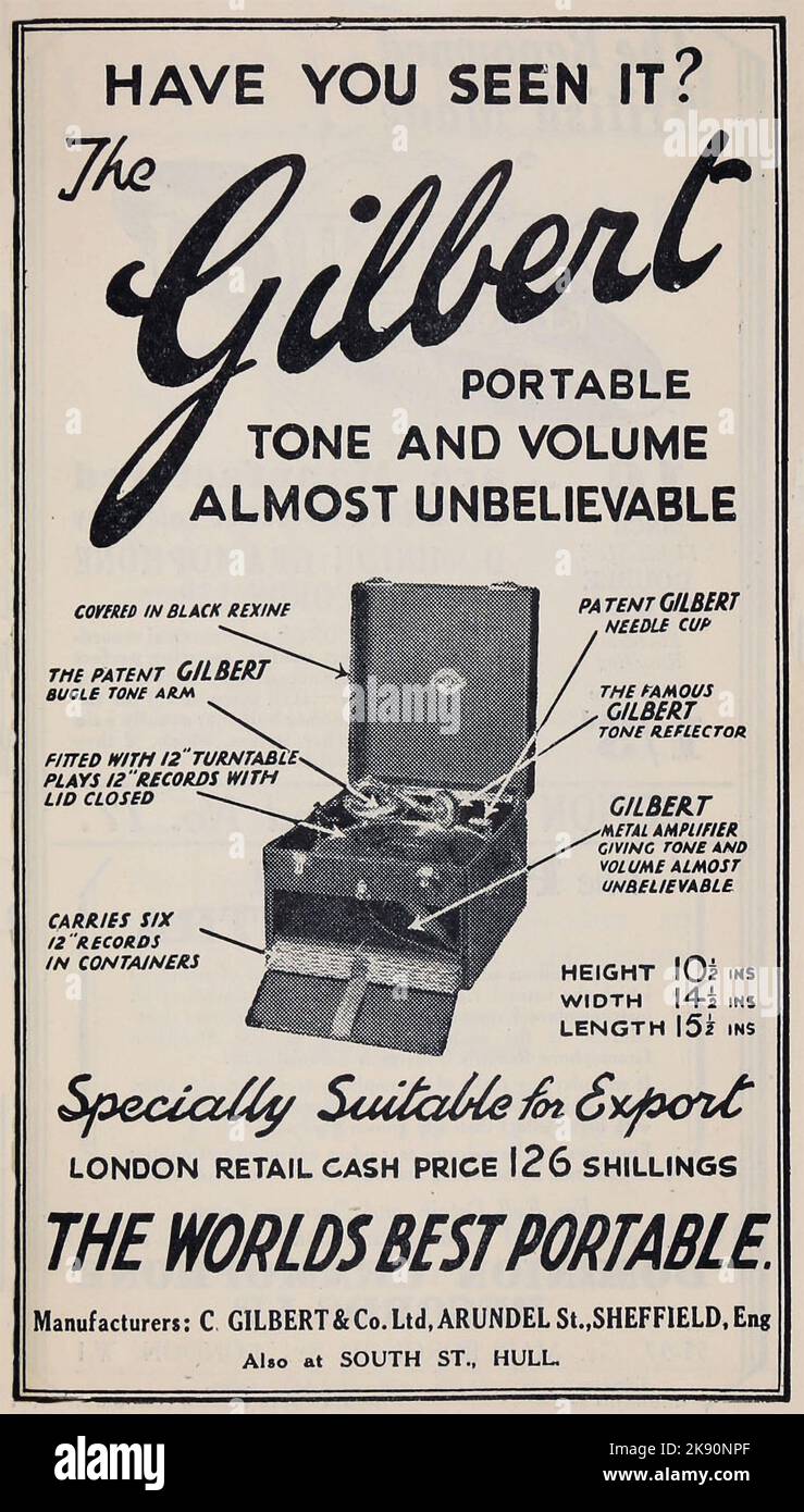 Gilberts était basé à Sheffield et était à l'avant-garde de la technologie du gramophone pendant les années vingt.le nom de Gilbert était dérivé du deuxième prénom du fondateur de l'entreprise, M. Charles Gilbert Hibard, qui a réarrangé ses initiales pour appeler la société 'C. H. Gilbert' & Co. Leurs gramophones de liquidation ont cessé d'être fabriqués à la fin de 1931, alors que les gramophones électriques ont pris le relais, ce que Gilberts a également fait. L'entreprise a fermé ses portes en 1937. Trivia - apparemment une machine Gilbert a été vu dans l'un des films de Harry Potter! Banque D'Images