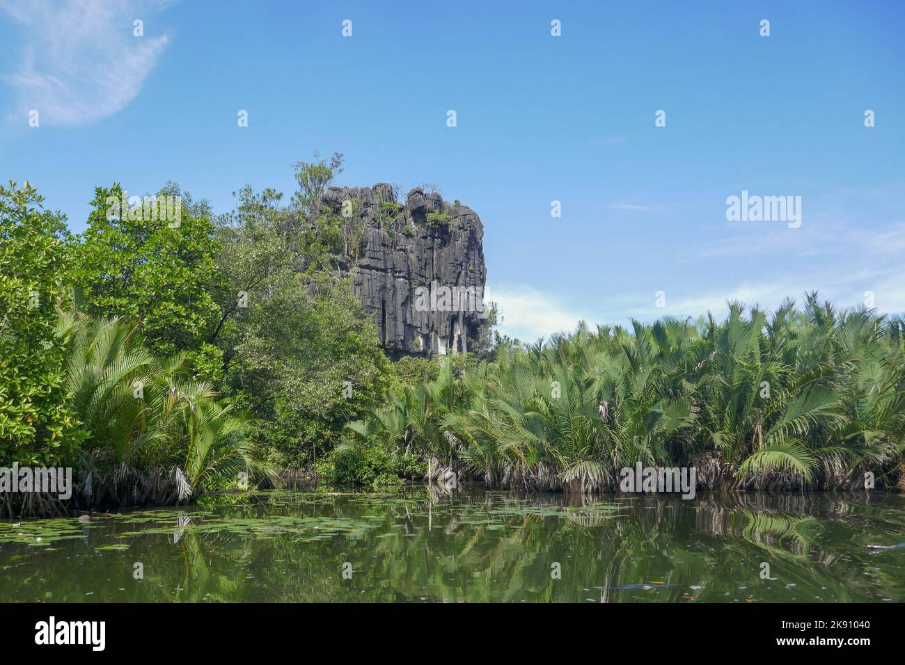 Vue pittoresque sur le paysage rural de la rivière de la pute tropicale et de la montagne karstique à Rammang-Rammang, Sulawesi du Sud, Indonésie Banque D'Images