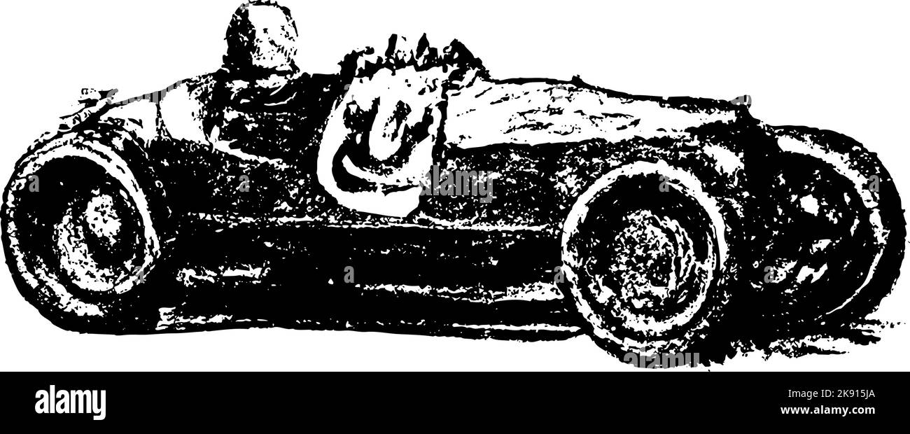 Style artistique dessiné à la main des voitures de course Grand prix 20 et 30s. Illustration originale en noir et blanc d'une voiture de course à roues ouvertes stylisée. Illustration de Vecteur
