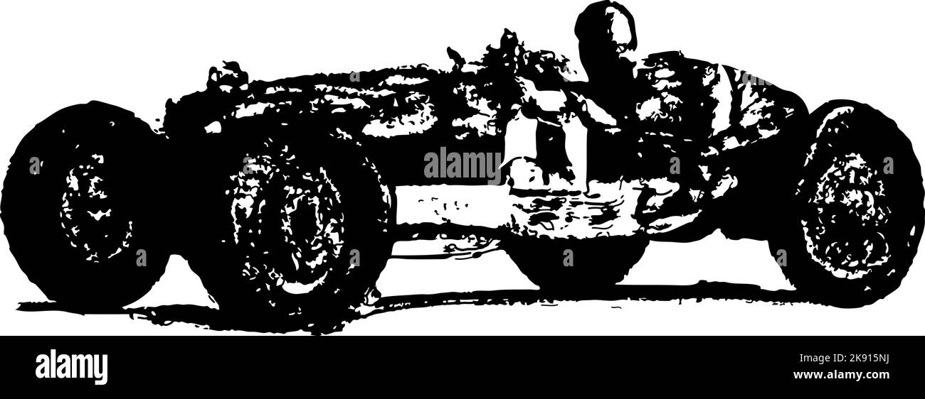 Style artistique dessiné à la main des voitures de course Grand prix 20 et 30s. Illustration originale en noir et blanc d'une voiture de course à roues ouvertes stylisée. Illustration de Vecteur