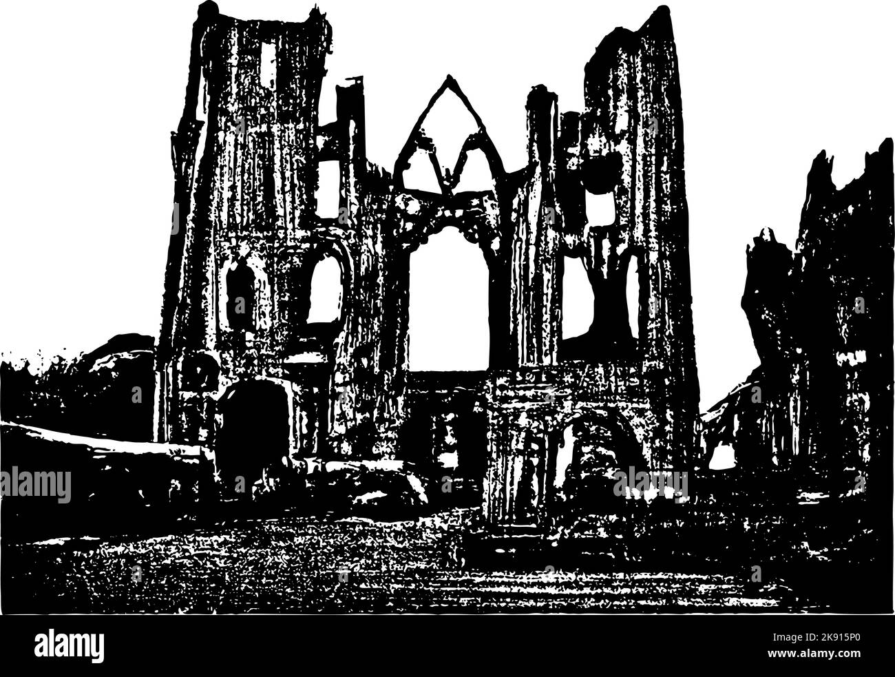 Ruines anciennes de la vieille église avec tours et entrée. Illustration noir et blanc à contraste élevé. Illustration de Vecteur