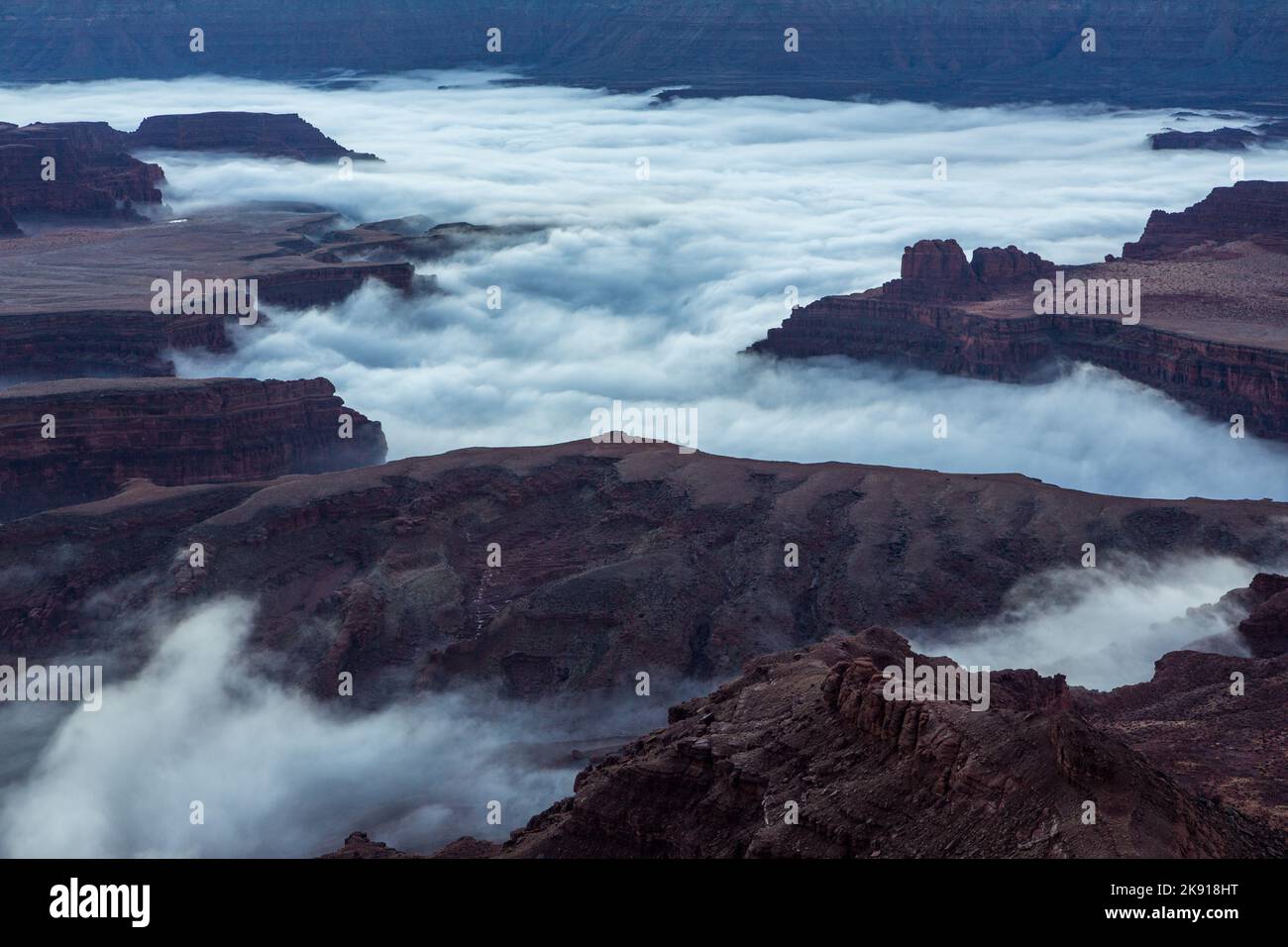 Une inversion de température en hiver produit un brouillard rare dans les canyons au-dessous du parc national Dead Horse point, à Moab, Utah. Banque D'Images