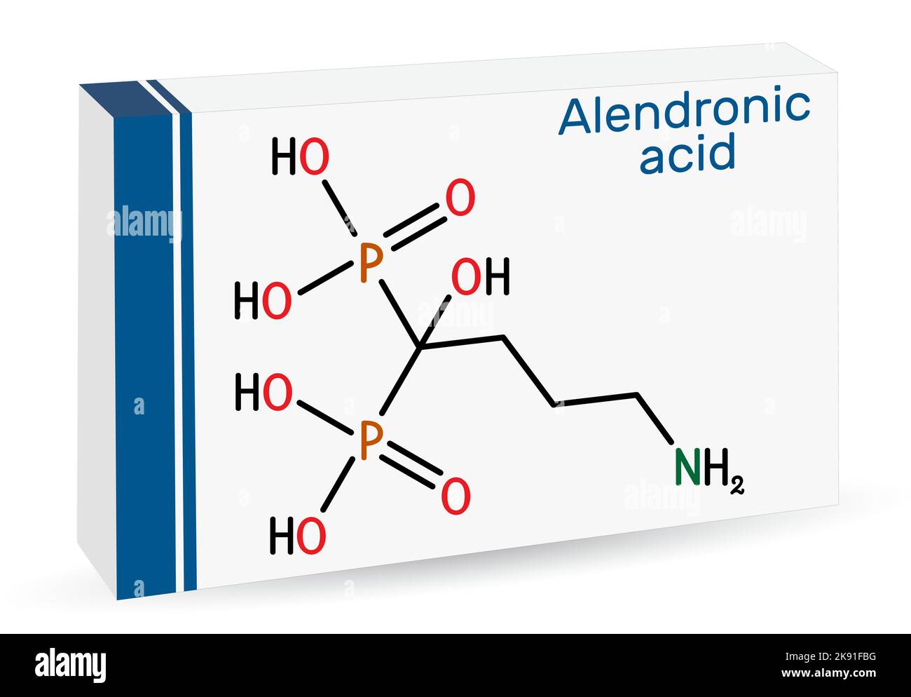 Molécule d'acide alendronique. C'est le bisphosphonate médicament, utilisé pour le traitement de l'ostéoporose. Formule chimique du squelette. Emballage en papier pour médicaments. Vecteur Illustration de Vecteur