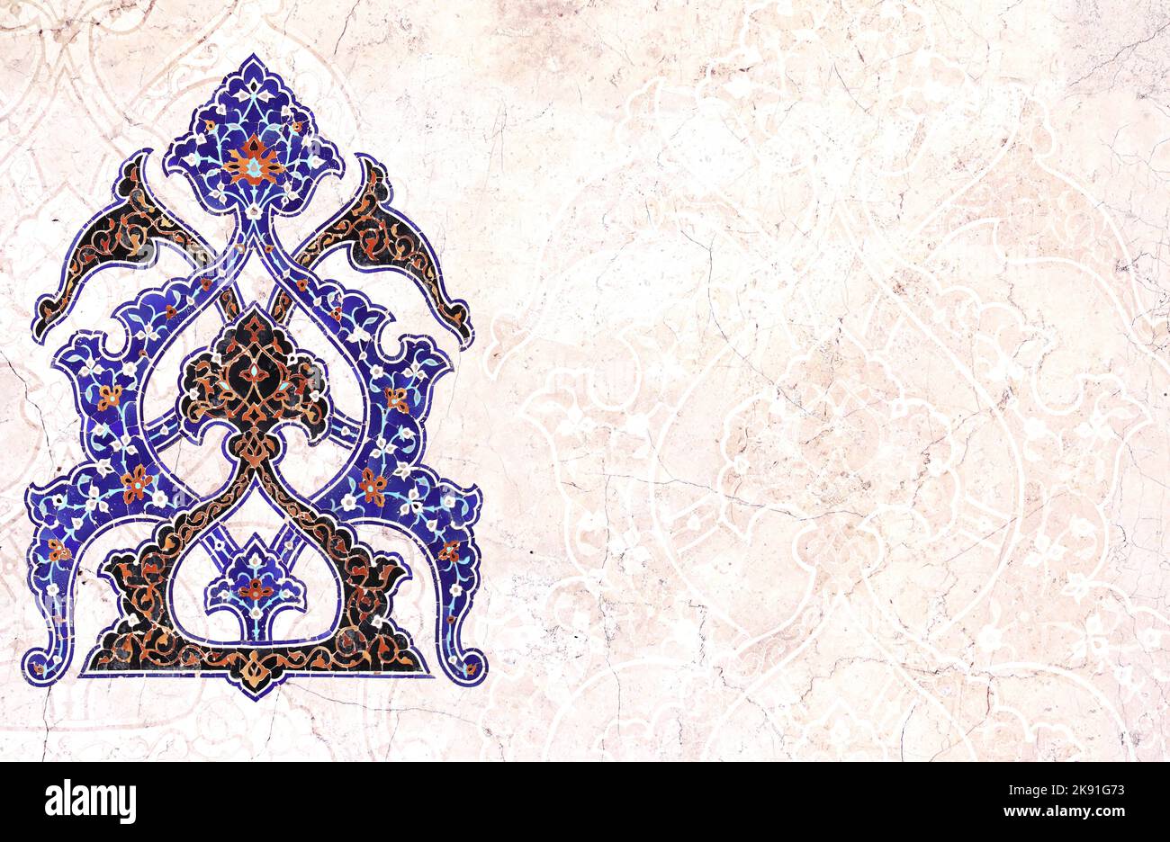 Détail de mur traditionnel persan mosaïque avec ornement géométrique et floral, Iran. Arrière-plan horizontal avec carreaux de céramique. Modèle de maquette. Copier Banque D'Images