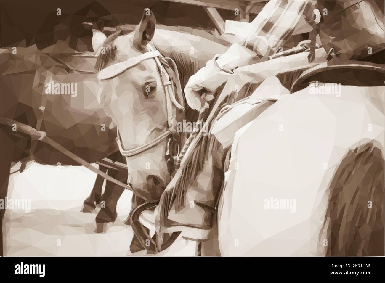 Image de l'Ouest à Sephia. Une cowgirl fait un tour de cheval. Le pilote dirige le cheval avec sa jambe et avec les rênes. Vecteur en poly-Art. Faible Illustration de Vecteur
