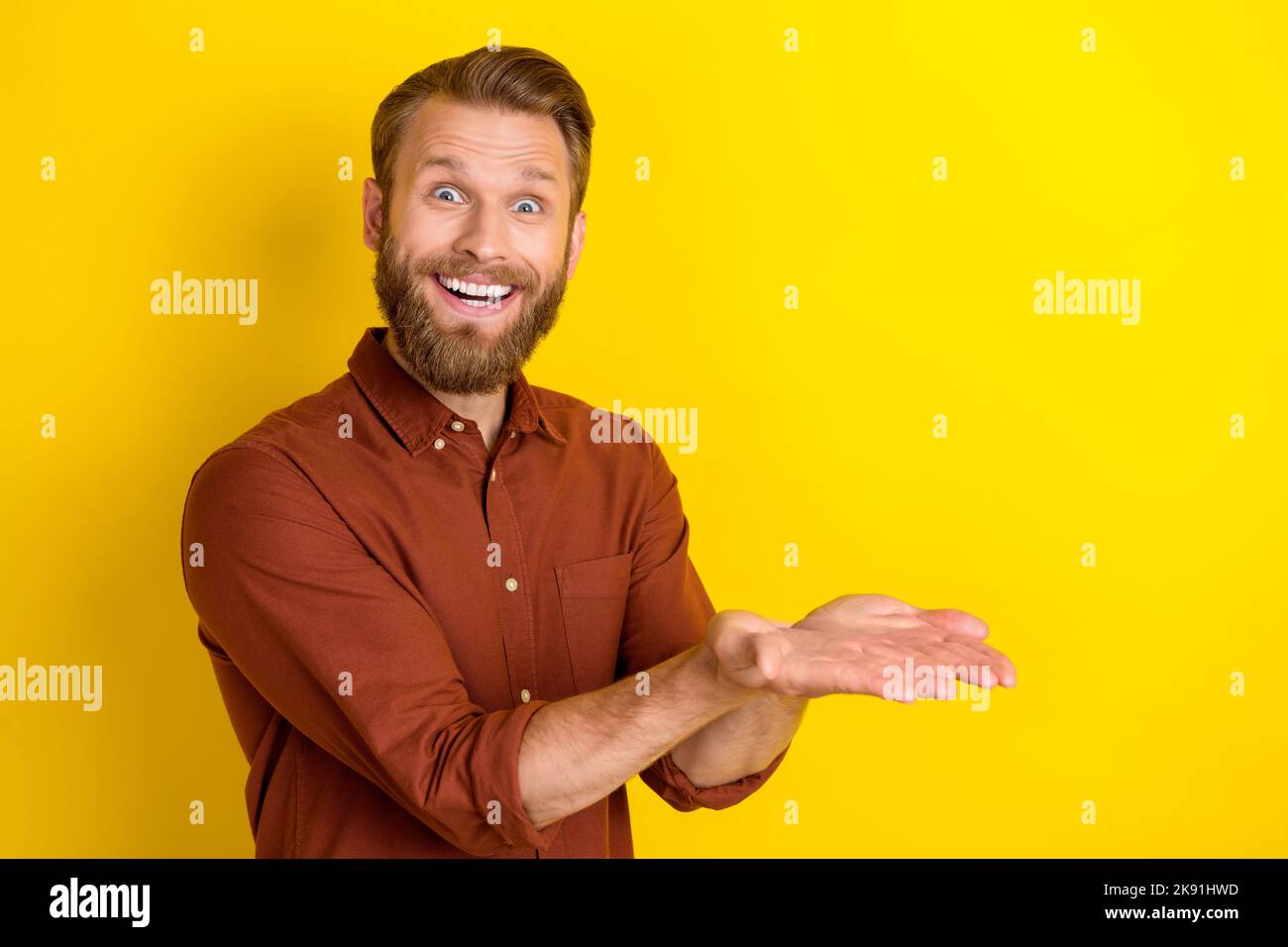 Photo de l'homme fou impressionné drôle avec la barbe blonde vêtue chemise bordeaux montrant l'espace vide isolé sur fond jaune Banque D'Images