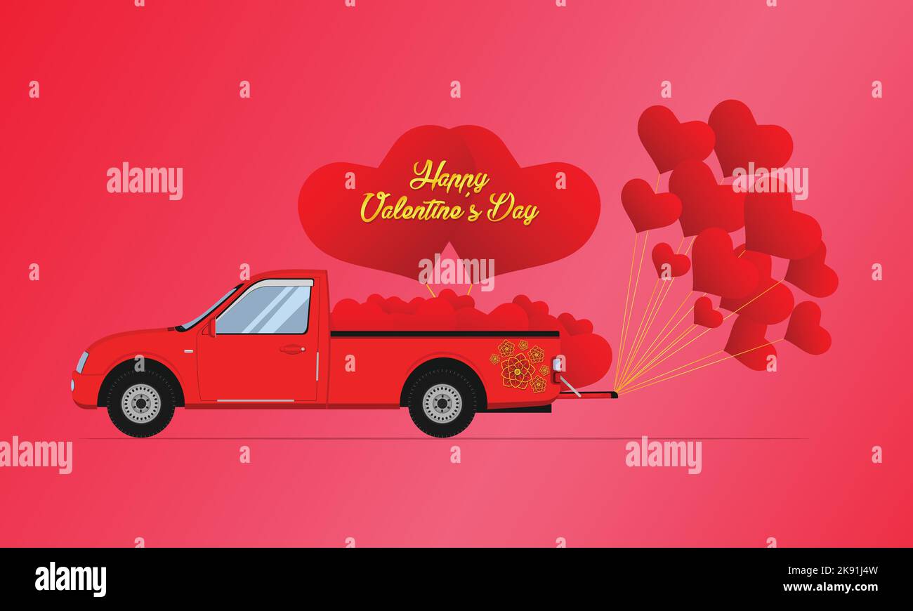 Un pick-up rouge avec ballons pour la Saint-Valentin Illustration de Vecteur