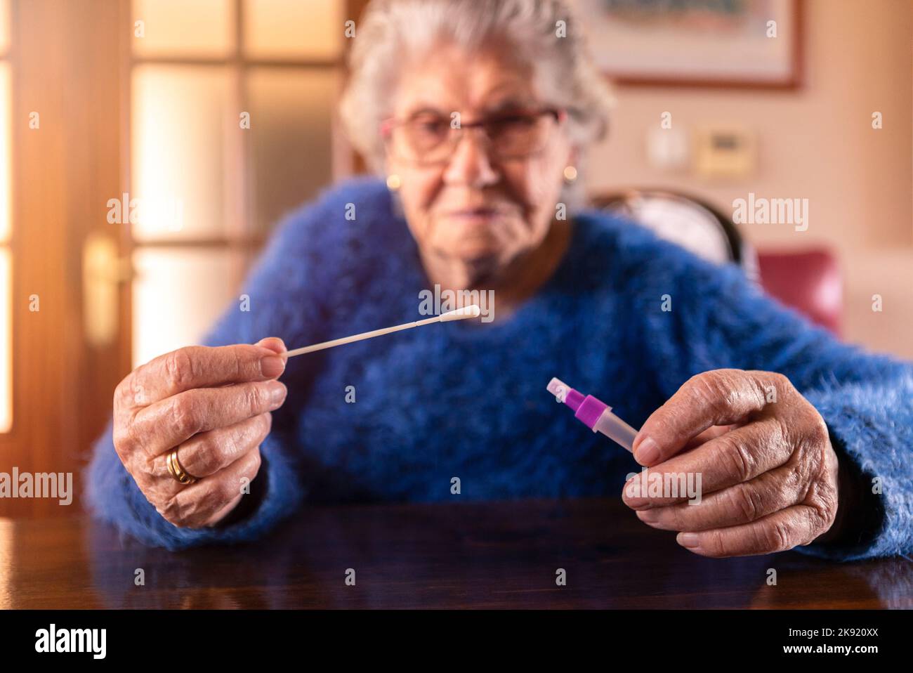 Grand-mère caucasien tenant un coton-tige pour le nez afin de recueillir un éventuel échantillon positif de COVID-19 pendant la pandémie. Grand-mère faire le test d'antigène pro Banque D'Images