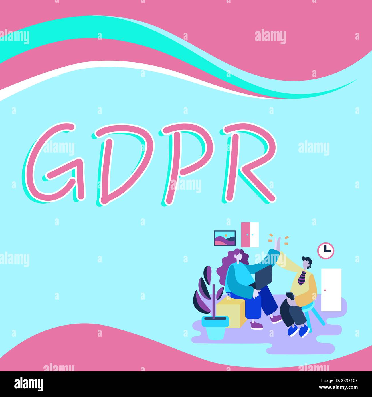 Affiche affichant le RGPD. Le concept de réglementation de l'Internet dans la législation de l'UE sur la protection des données et la vie privée dans l'Union européenne Illustration collègues se claquant la main Banque D'Images