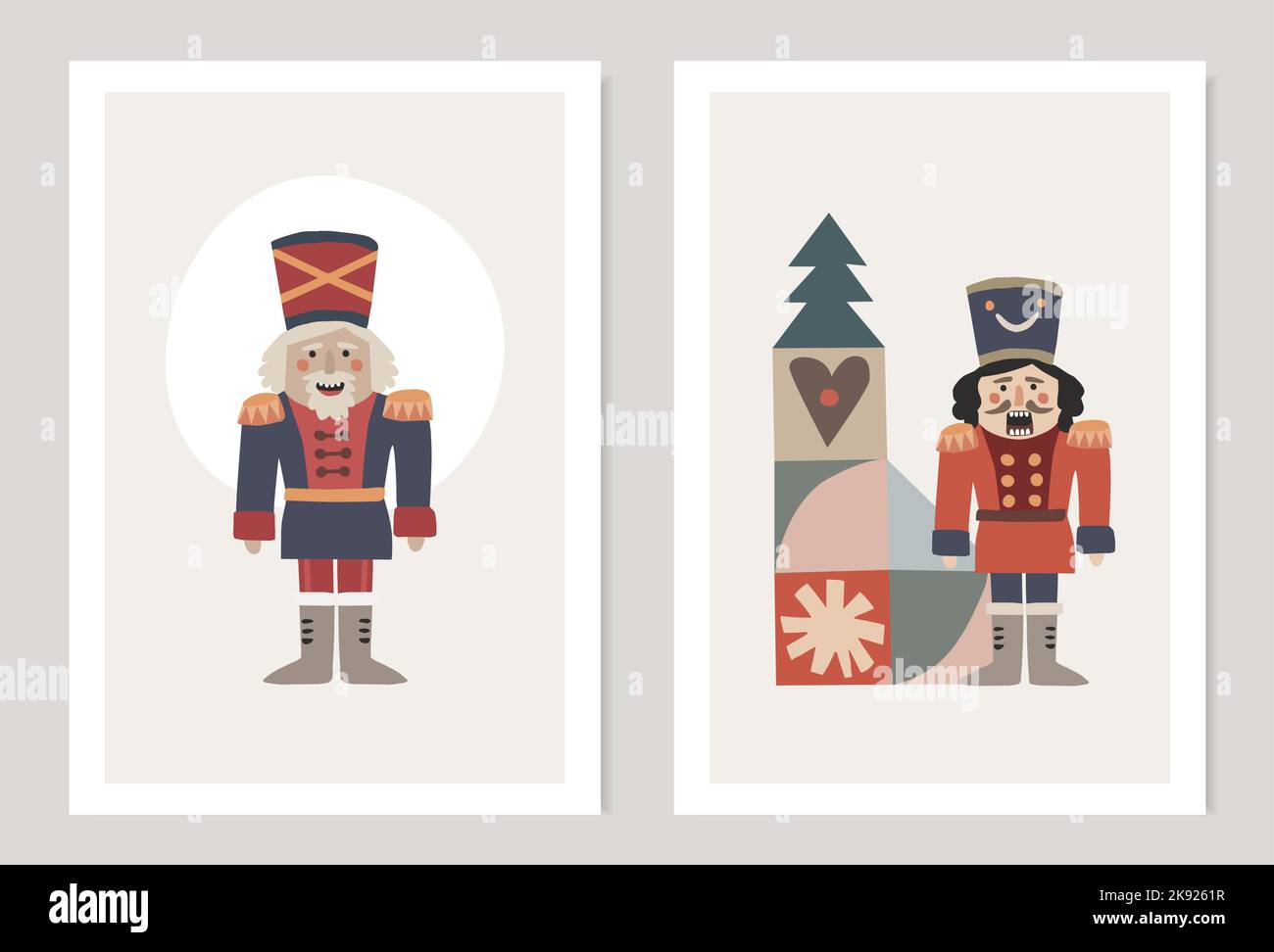 Cartes de vœux de Noël rétro, ensemble d'invitations. Casse-noisette souriant et souriant. Hommes avec barbe et uniforme. Éléments géométriques décoratifs abstraits Illustration de Vecteur