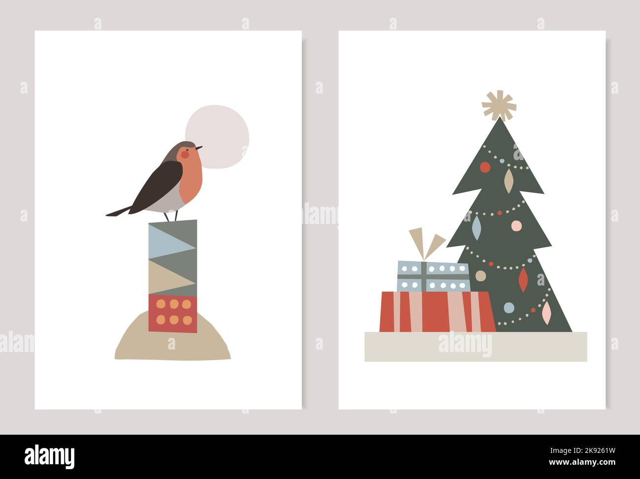 Cartes de vœux de Noël rétro, ensemble d'invitations. Oiseau Finch et arbre de Noël décoré avec des boîtes-cadeaux.Abstract éléments géométriques décoratifs Illustration de Vecteur