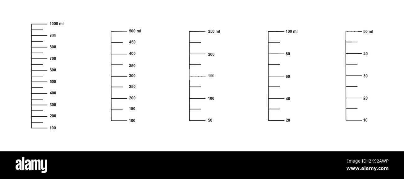 Jeu de balances avec volume liquide de 1 litres, 500, 250, 100 et 50 ml pour mesurer les tasses ou les cruches pour préparer la cuisson. Illustration vectorielle. Illustration de Vecteur