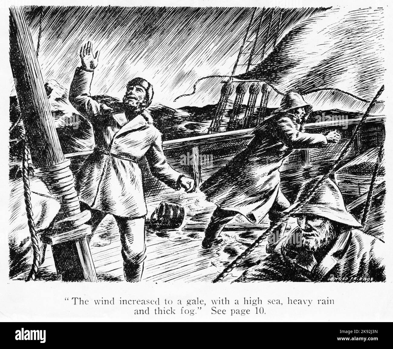 Illustration de l'équipage du Grafton luttant contre une tempête avant d'être épaté sur les îles d'Auckland en 1864. Banque D'Images