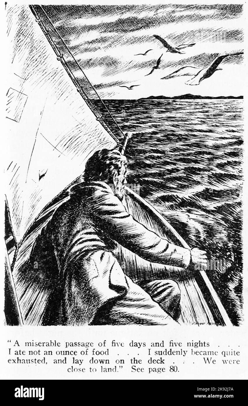 Illustration du capitaine Thomas Musgrave du Grafton naviguant en toute sécurité en Nouvelle-Zélande après avoir été détruit sur les îles d'Auckland en 1864. Musgrave et un autre membre de l'équipage ont navigué sur un bateau de fortune pendant cinq jours vers la Nouvelle-Zélande. Ils n'ont rien mangé pendant le voyage, et n'ont pas dormi. Banque D'Images