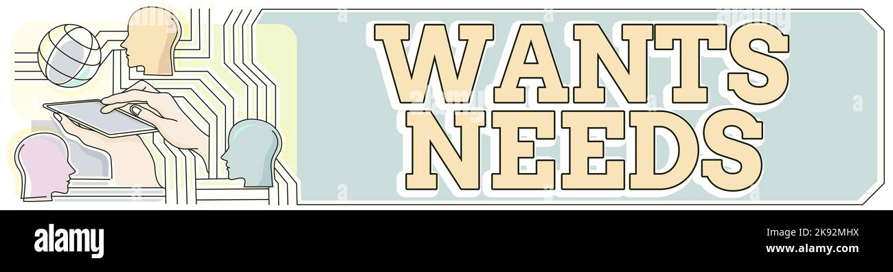 L'affichage conceptuel veut des besoins. Mot écrit sur avoir quelque chose de nécessaire ou désir pour l'individu de vivre Banque D'Images