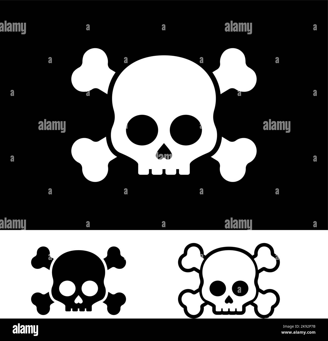 Silhouettes noir et blanc de crâne et d'os. Jolly Roger Icons ...