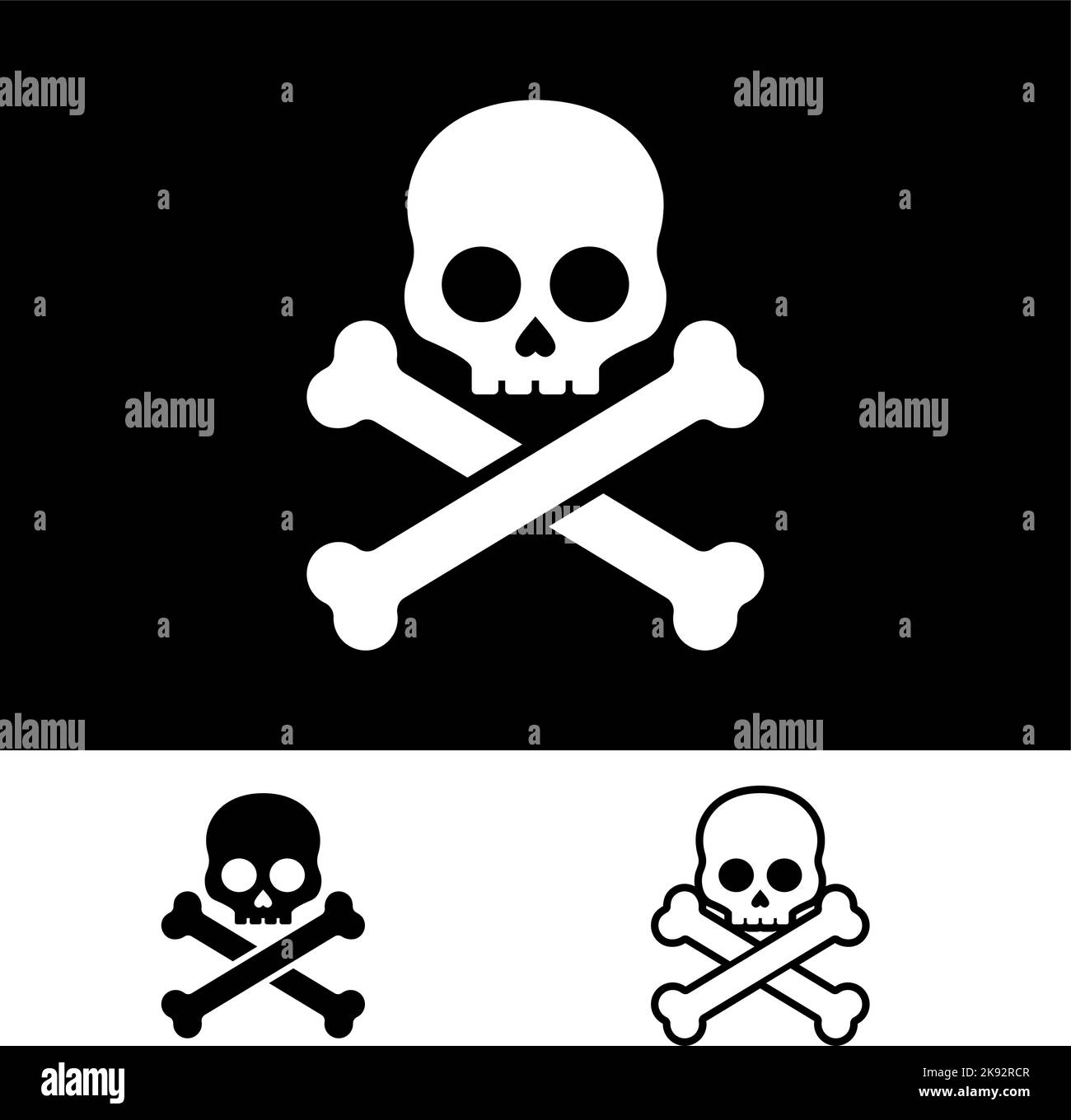 Silhouettes noir et blanc de crâne et d'os. Jolly Roger Icons ...