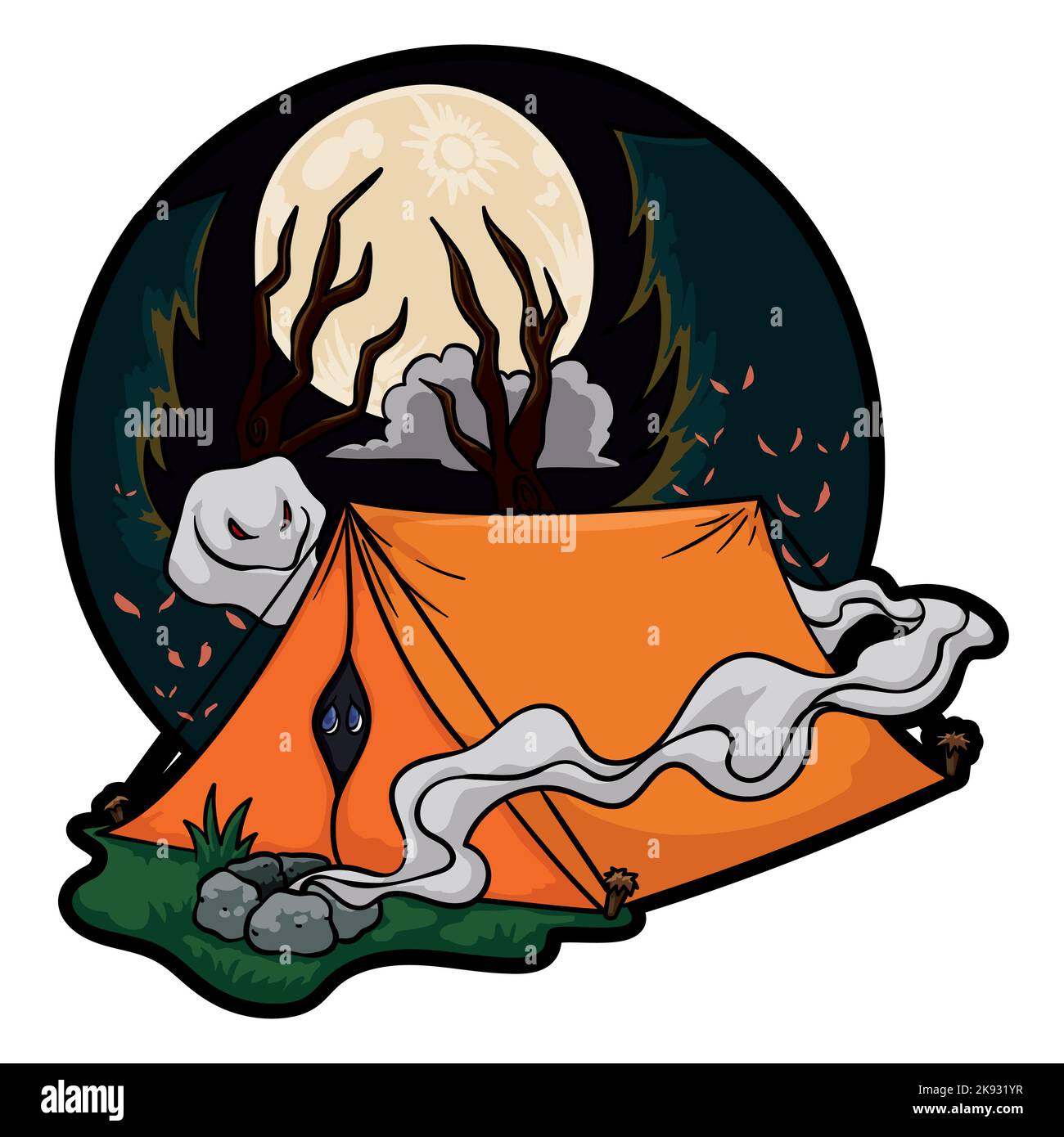 Scène de camping effrayante avec une personne effarée à l'intérieur de la tente, fumée de feu de camp éteint, forêt avec des pins, des troncs morts et des fantômes effrayants dans une pleine lune n Illustration de Vecteur