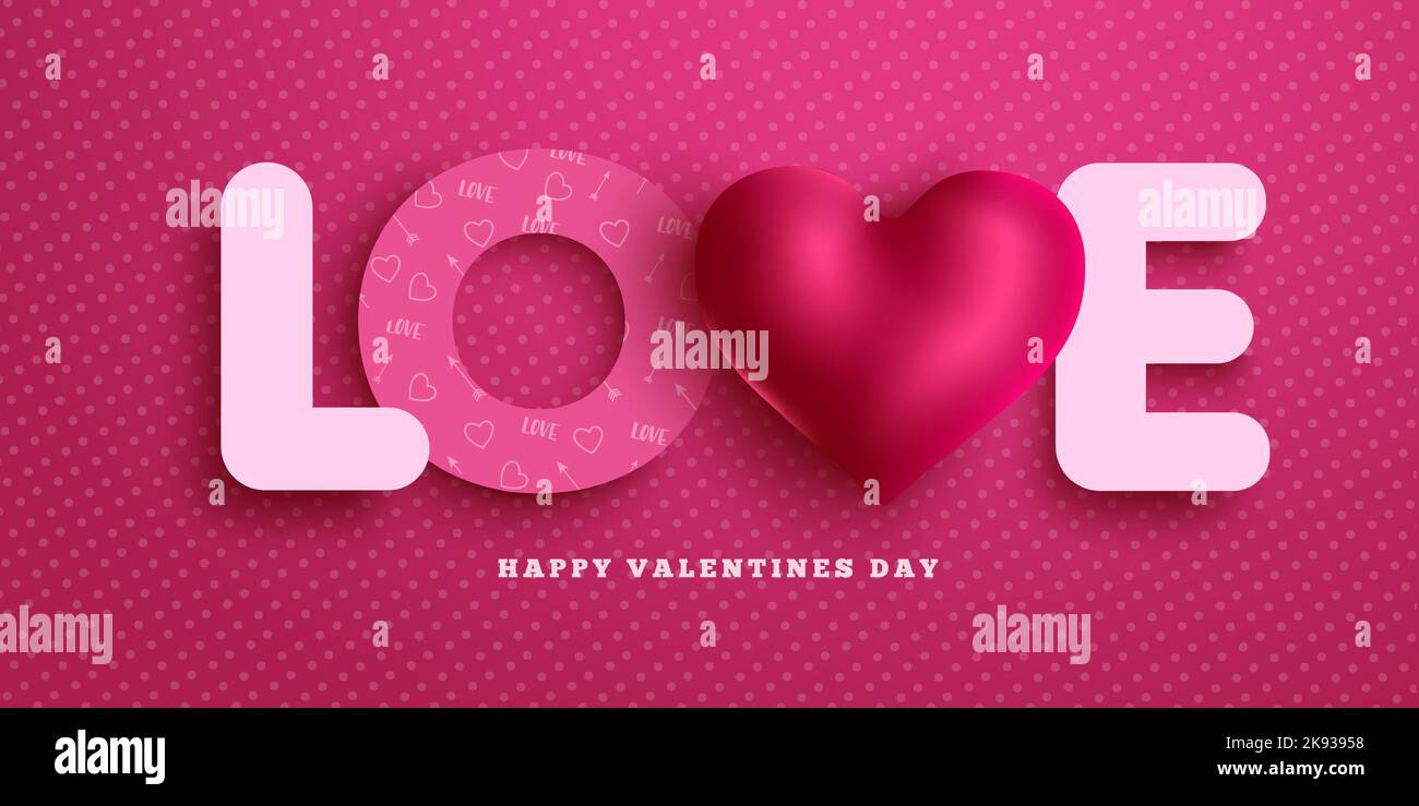Bannière vectorielle de la Saint-Valentin. Texte coupé en papier d'amour avec 3D coeur dans un motif à pois arrière-plan pour la Saint-Valentin célébration de salutation. Illustration vectorielle Illustration de Vecteur