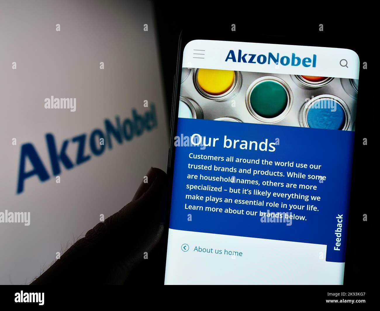 Personne tenant le téléphone portable avec la page web de la société hollandaise de produits chimiques Akzo Nobel N.V. sur l'écran devant le logo. Concentrez-vous sur le centre de l'écran du téléphone. Banque D'Images