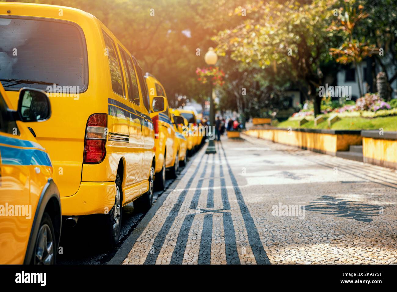 Ligne de taxis jaunes dans la ville de Funchal. Madère Portugal Banque D'Images