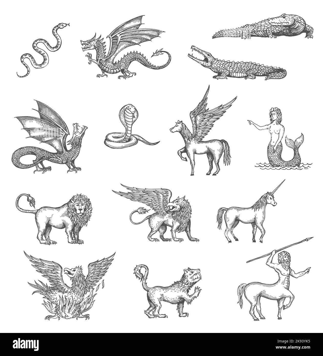 Licorne, phoenix, dragon et Pegasus, minotaur ou lion mermaid animal vector sketch. Crocodile, serpent, griffin et loup-garou, gryphon et centaure en esquisse, créatures fantastiques de la mythologie Illustration de Vecteur
