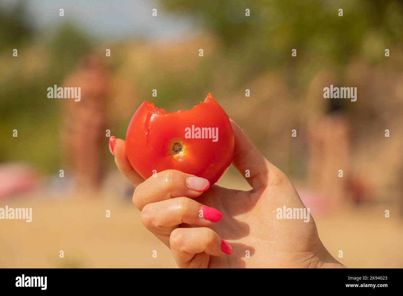 mordiquer la tomate dans une main femelle sur un fond flou Banque D'Images