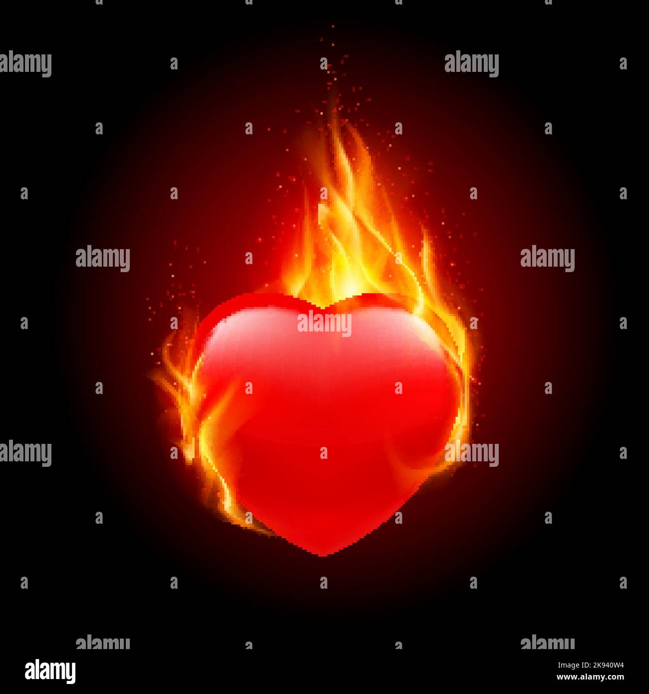 Cœur rouge sur fond noir. Forme de coeur entourée de feu, de étincelles et de lueur orange. Concept de sensation d'amour Illustration de Vecteur
