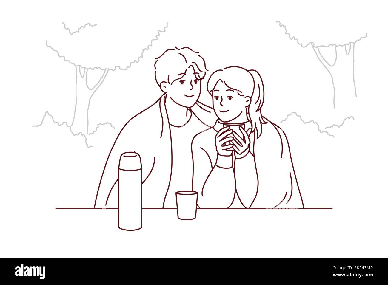Heureux couple assis dans le parc enivant boire un café chaud profiter romantique de la date ensemble. Homme et femme souriants et épris embrasser les petits espaces. Illustration vectorielle. Illustration de Vecteur