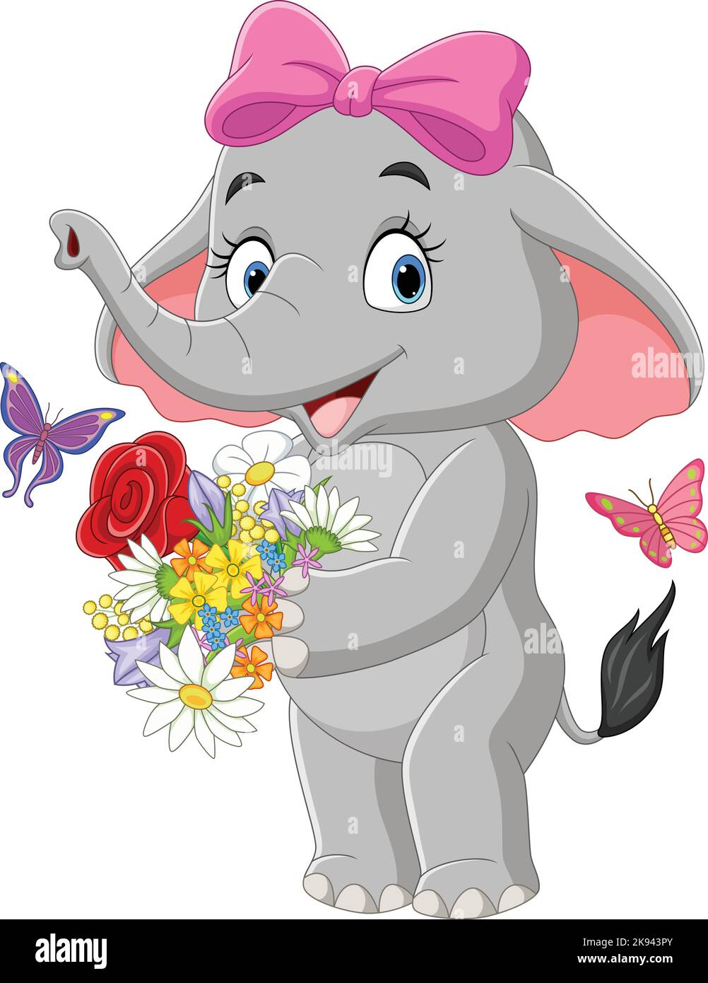 Joli dessin animé éléphant tenant des fleurs Illustration de Vecteur