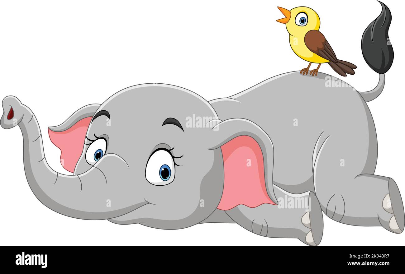 Joli dessin animé éléphant couché avec un oiseau Illustration de Vecteur