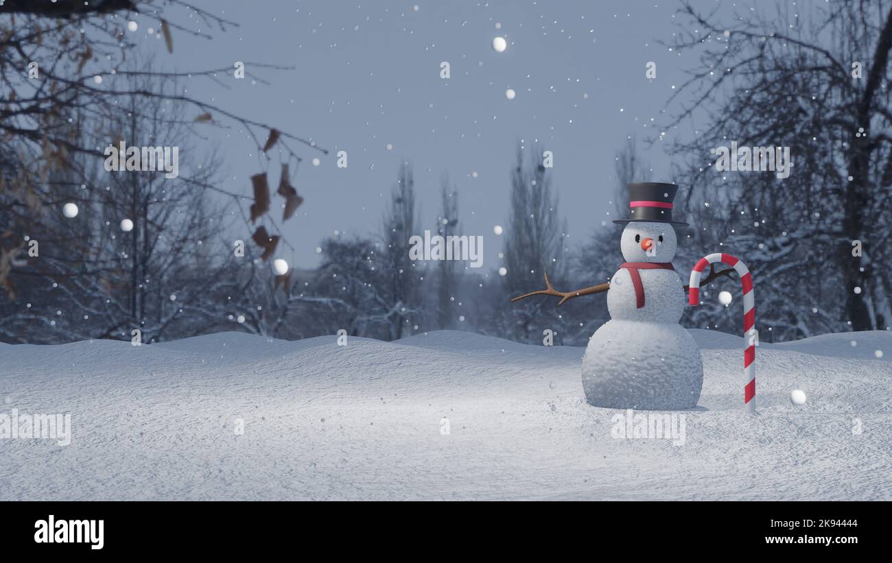 3D rendu , bonhomme de neige la nuit , arrière-plan de Noël bonhomme de neige blanc Banque D'Images