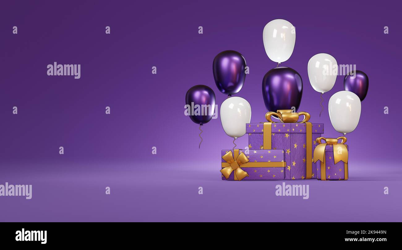 boîte cadeau et ballon , ton violet , rendu 3d Banque D'Images