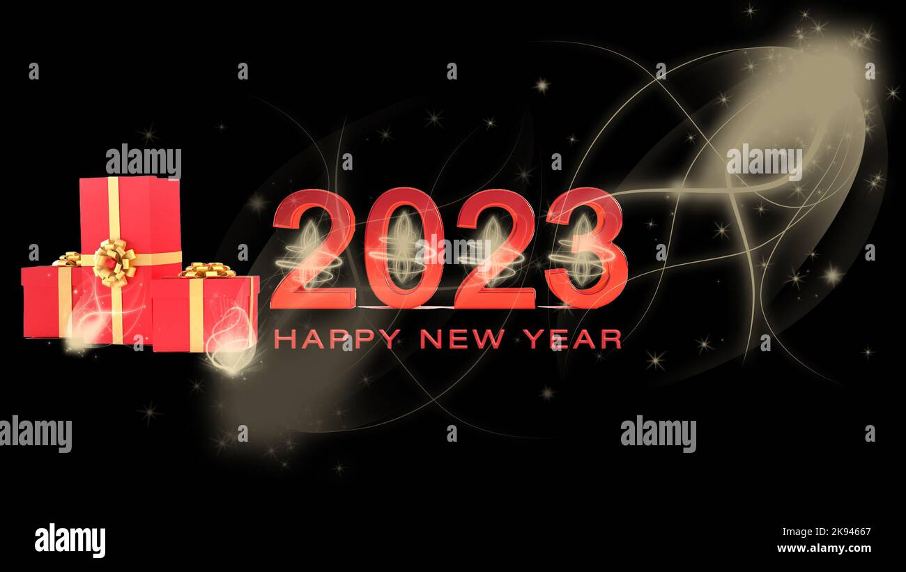 2023 Happy New Year Résumé couleurs vives, brillantes, brillantes effet bokeh or fond noir pour en-tête ou bannière. Banque D'Images