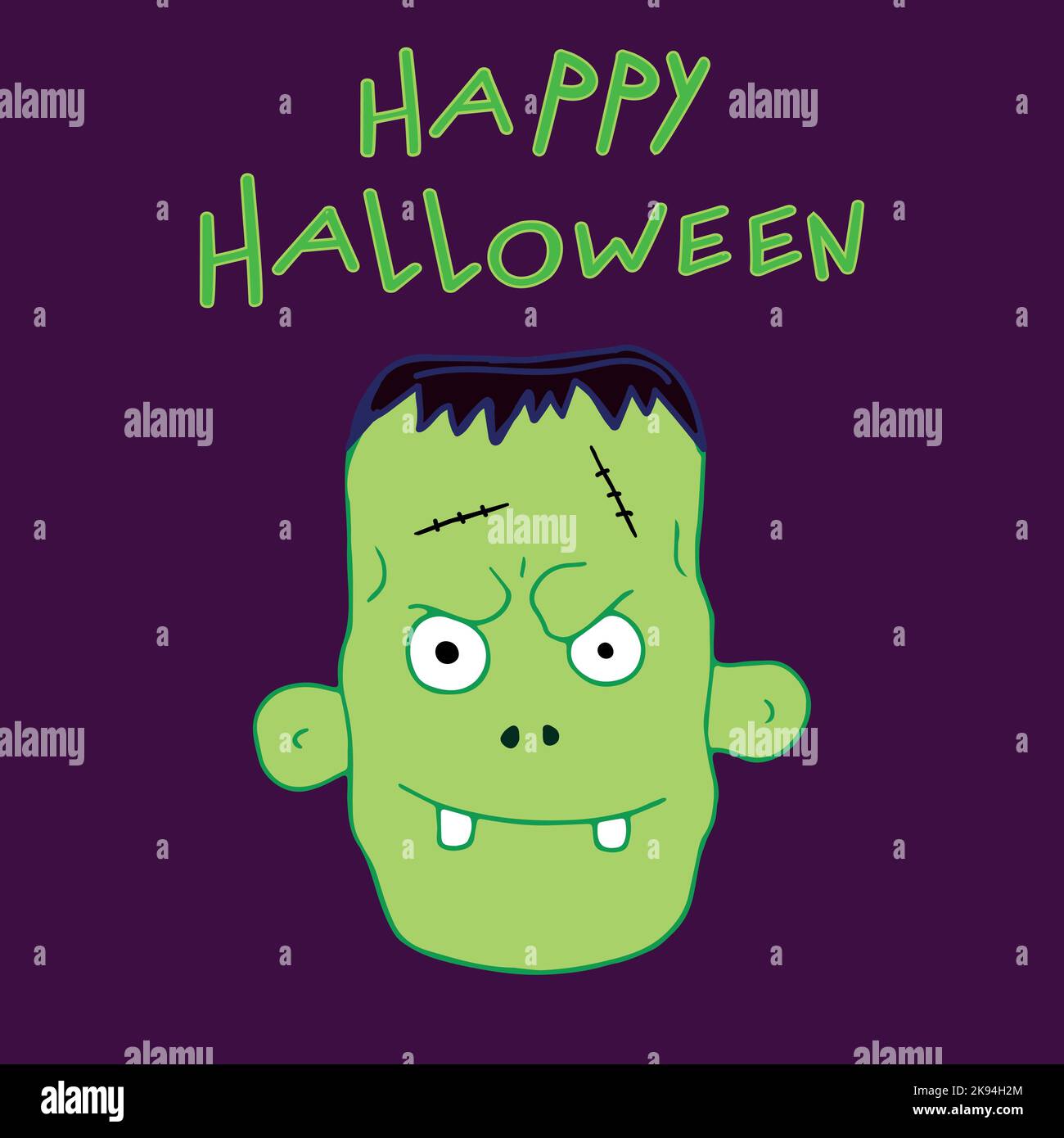 Face de Frankenstein isolée sur fond violet. Joyeux Halloween. Illustration vectorielle dessinée à la main Illustration de Vecteur