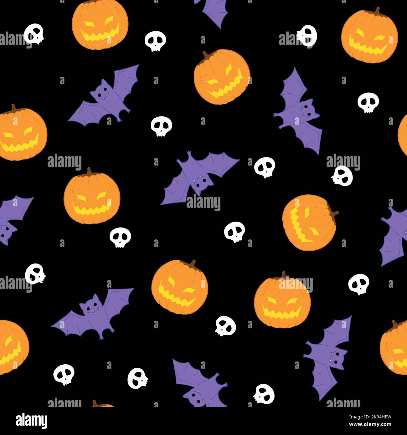 Chauves-souris, citrouilles et crâne violettes sur fond sombre motif sans couture. Joyeux Halloween. Motif lumineux pour Halloween Illustration de Vecteur