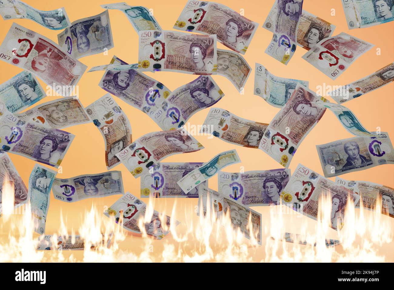 Chute de la monnaie britannique la livre sterling baisse du change de devises chute brûler des billets de concept en polymère qui tombent en feu et en feu Banque D'Images