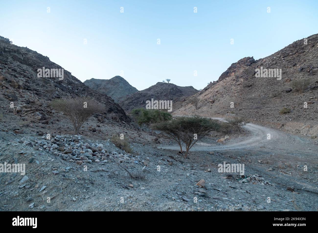 Vue magnifique sur les montagnes et les roches fossiles depuis les Émirats arabes Unis, au lever du soleil tôt le matin Banque D'Images