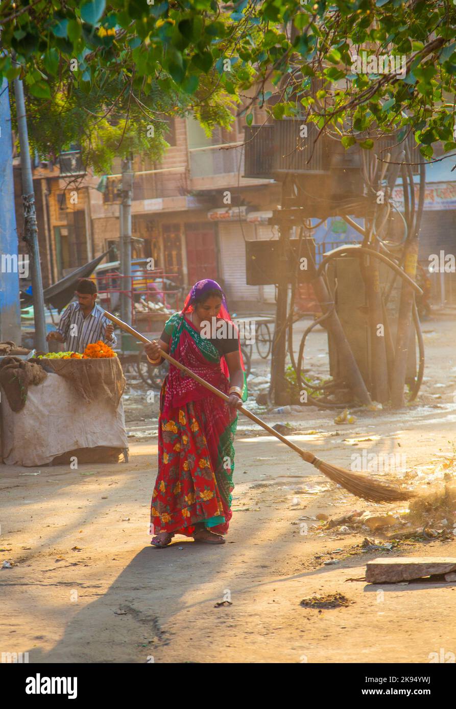 JODHPUR, INDE - 23 NOVEMBRE : une femme de classe fourt en vêtements aux couleurs vives nettoie la rue sur 23 novembre, 2012 à Jodhpur, Inde. Ils gagnent 300 Banque D'Images