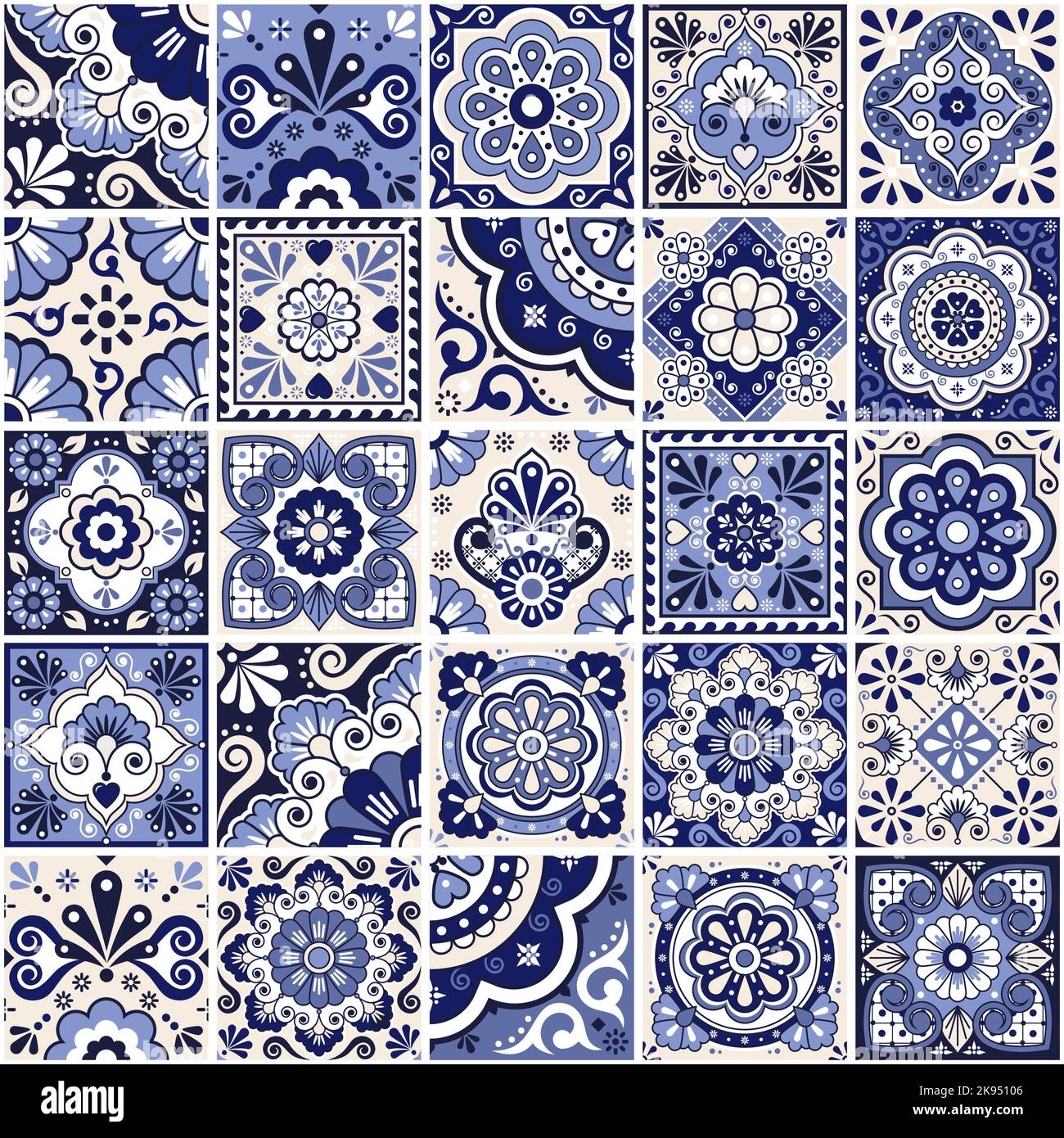 Carreaux mexicains motif vectoriel sans couture - grand ensemble de motifs inspirés de talavera bleu marine parfaits pour les papiers peints, la décoration d'intérieur, les textiles ou les tissus imprimés Illustration de Vecteur