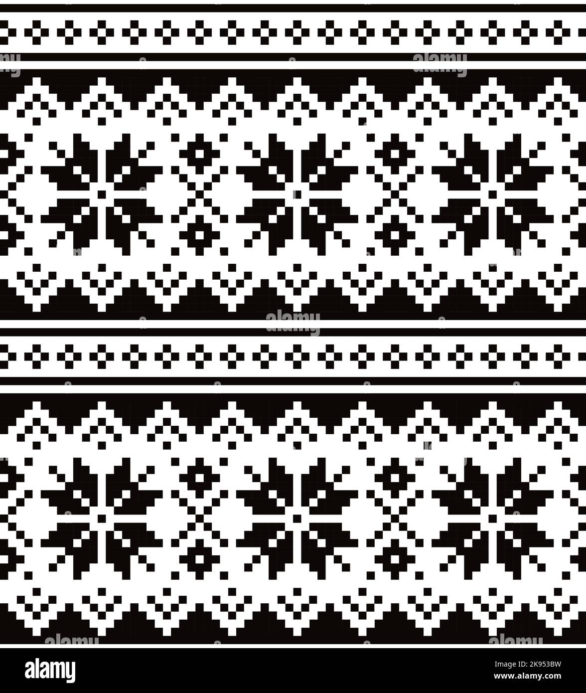 Motif noir et blanc sans couture vectoriel de Noël avec flocons de neige, inspiré par les Sâmes, le design artistique populaire de Laponie, le tricot traditionnel et le e. Illustration de Vecteur